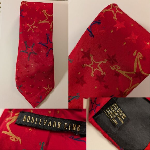 Boulevard Club 100% Silk Christmas Tie Red Star Print Unisex Holiday Accessory - Picture 7 of 8
